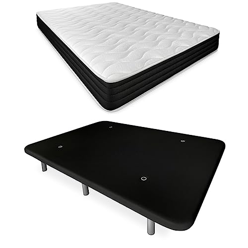 - Cama Completa con Colchón Pocket Visco Reversible + Base Tapizada Reforzada Color Negro con 6 Patas Metálicas Roscadas, 90 x 190