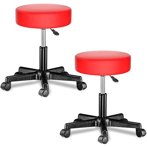 Casaria® Rollhocker Höhenverstellbar 2er Set 10cm Polsterung 46-60cm Höhe 360° Drehbar Ø35cm Rund Rollen Bürohocker Drehhocker Arbeitshocker Stuhl Rot