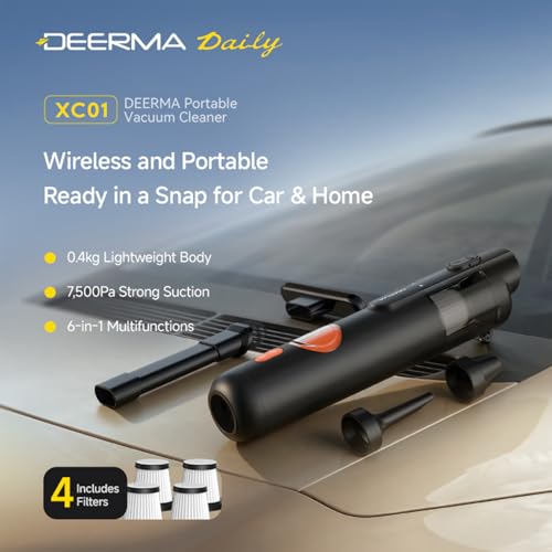 Deerma XC01 Portable Handheld Vacuum Cleaner, 7500Pa Powerful Suction Cordless Mini Vacuum, 6-in-1 Multifunctional for Car & Home, Type-C Fast Charge, with Green Light Dust Detection