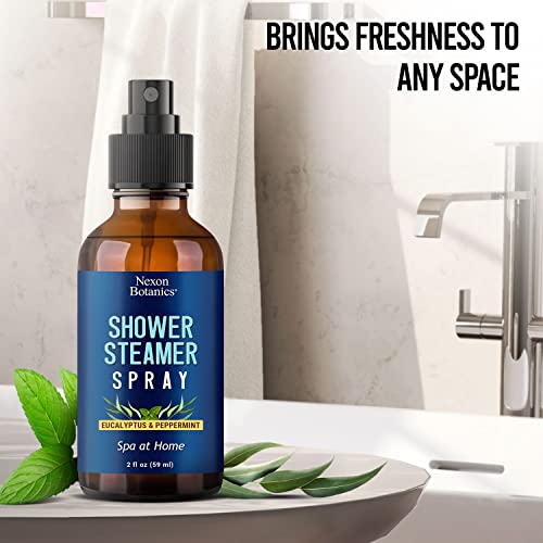 EUCALYPTUS & PEPPERMINT SHOWER STEAMER SPRAY 2 FL OZ – AROMATHERAPY MIST FOR SPA WITH PURE, NATURAL ESSENTIAL OILS – REFRESHING AROMA FOR CLEAR BREATHING & MOOD ENHANCEMENT – NEXON BOTANICS