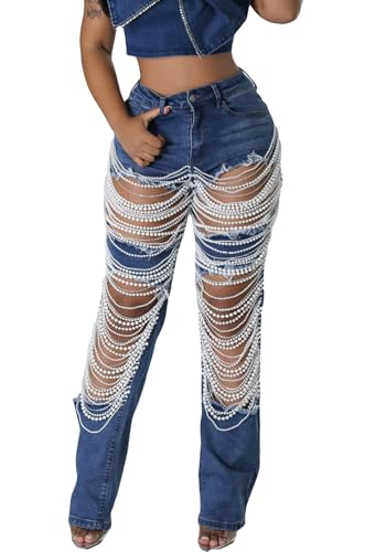 NRTHYE Womens High Waist Ripped Jeans Sexy Pearl Chains Rhinestones ...