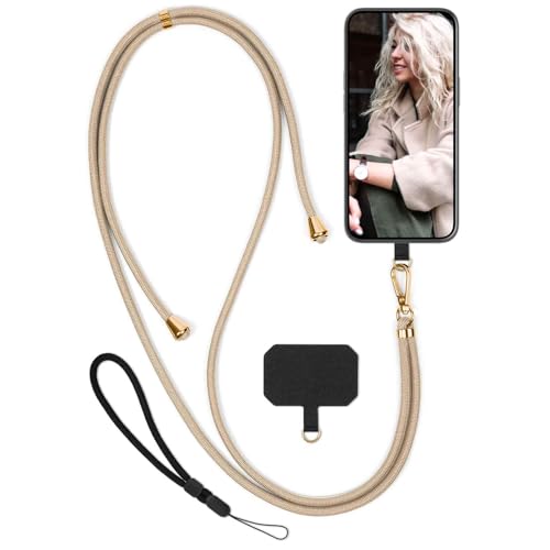 moex Unleash para Samsung Galaxy Grand Prime – Cadena para teléfono móvil con mosquetón y correa para el cuello – Collar para teléfono con almohadilla para fundas – Cadena para colgar en color beige