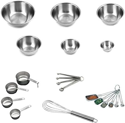 The Culinary Junction Essentials Starter Kit, Stainless Steel, With Set of 6 Mixing Bowls, 4 Measuring Cups, Measuring Spoons, 6 Rectangular Measuring Spoons, and 1 Flat Wire Whisk