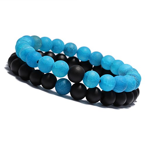 YUXI Mens Womens Bangle Couples His and Hers Bracelets Black Matte Agate & White/Blue Beads Yin and Yang Bracelet Set 8MM of 2 PCS, Blue