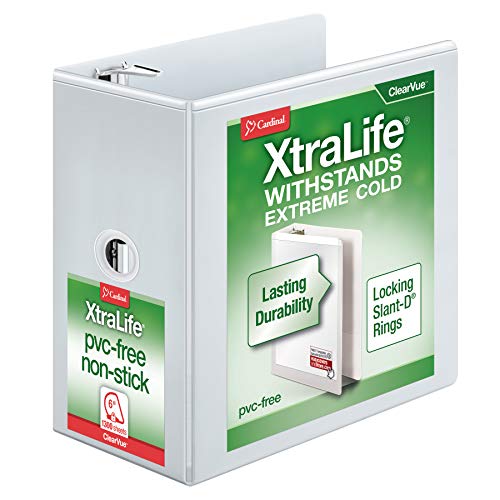 Anéis Cardinal XtraLife com 3 anéis, 2,5 cm, argolas de bloqueio Slant-D, encadernador de apresentação ClearVue, comporta 270 folhas, sem PVC, preto (26301), Branco, 6-Inch