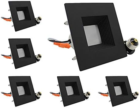 ESD Tech 6 Pack of 4" Inch LED Dimmable Recessed Downlight Trim, Black Square Baffle Retrofit, 3000K, 600 Lm, 9W, 120V, Energy Star, ETL Listed, Indoor/Outdoor Rated