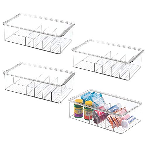 mDesign Stackable Plastic Storage Bin Box with Lid - Divided Organizer for Vitamins, Supplements, Serums, Essential Oils, Medicine Pill Bottles, Adhesive Bandages, First Aid Supplies - 4 Pack - Clear