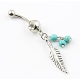 Gleader 316L Surgical Steel 14 Gauge Leaf Dangle With Blue Beads Navel Belly Button Ring Bar