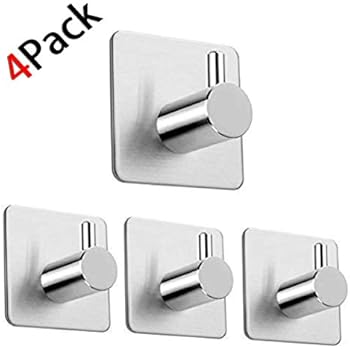 Upgraded 3M Self Adhesive Hooks, Heavy Duty Wall Hooks Space Aluminum Hangers on Home Bathroom Kitchen for Hanging keys,Towels,Robes,Coats,Clothes,Bags,hats-4 Packs