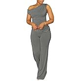 HBQ Women's Summer 2 Piece Outfits Casual Tracksuit One Shoulder Asymmetrical Short Sleeve Wide Leg Long Pant Lounge Sets