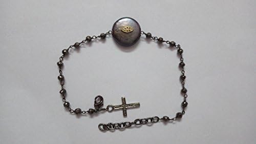 KIRANBEADS - Vermeil Pave Diamond Evil Eye Charm Over Freshwater Pearl Coin - Black Pyrite Beaded Chain Oxidized 925 Sterling Silver Wire &amp; Lobster Lock