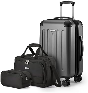 Bagagem de mão rígida com rodas, conjunto de 3 unidades, mala compacta de viagem e de mão, expansível, 4 rodas giratórias, preto