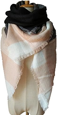 BESNLI Large Striped & Checker Pattern Blanket Scarf Tartan Stylish Cape Wrap Shawl (Pink Grey)