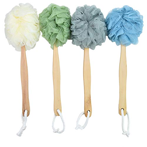 Pomeat 4 PCS Bath Loofah with Long Handle Wooden Shower Body Brush for Health and Beauty