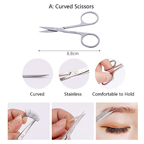 MissLytton Eyelash Extension Tweezers Kit, False Eyelash Applicator Tools, Stainless Steel Eyebrow Scissors Curved & Pointed Tip Tweezers Set for Applying Eyelids, Eyebrow, Ingrown Hair (Set of 7)