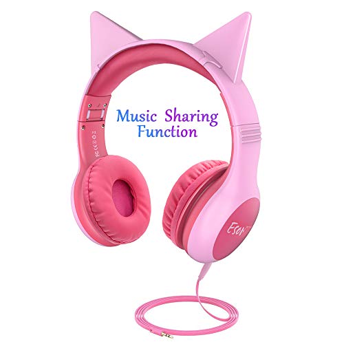 Esonstyle Kids Headphones Update Music Sharing Function,Wired Over Ear Car Ear Headset,85dB Volume Limited,Food Grade Silicone, 3.5mm Jack for Children Baby,Pink (cat Ear Kids Headphones)