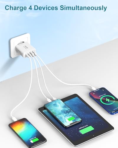 USB Charger, 4 Ports 25W/5A Plug U-SB Multiple Mobile Charger Fast Charging C-argador USB Multiple Fast Charger Carregador for iPhone 17/16/15/14/13/12/11/X/8, Samsung S25/S23/S22, Xiaomi
