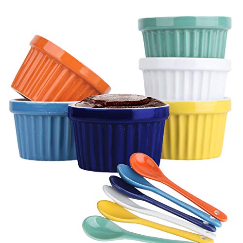 8 oz Ramekins for Baking Set - 6 PACK Souffle Dish Bowls with 6 Spoons Set, Oven Safe Round Ceramic Custard Cups, Dessert, Ice Cream, Creme Brulee, Gratin Dishes, Pot Pie (Multicolor Set)