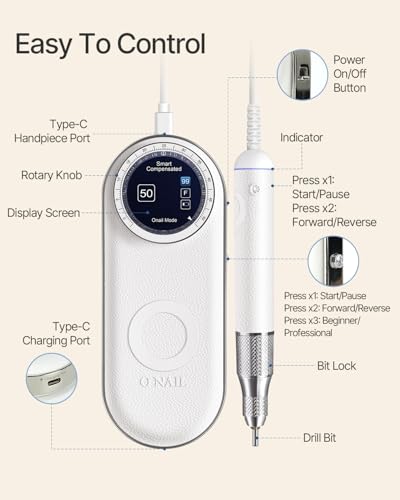 Professional Electric Nail Drill Machine - O NAIL 50,000 RPM E-File with LCD Display, Cordless Rechargeable Nail File for Acrylic Gel Removal, Low Vibration, 3mm Bits for Home & Salon Use [White]
