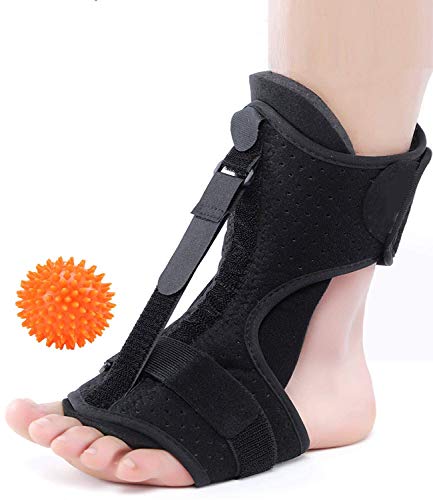 Plantar Fasciitis Night Splint Foot Drop Orthotic Brace,for Achilles Tendonitis, Heel Spur Relief and Ankle Pain with Hard Spiky Massage Ball Black