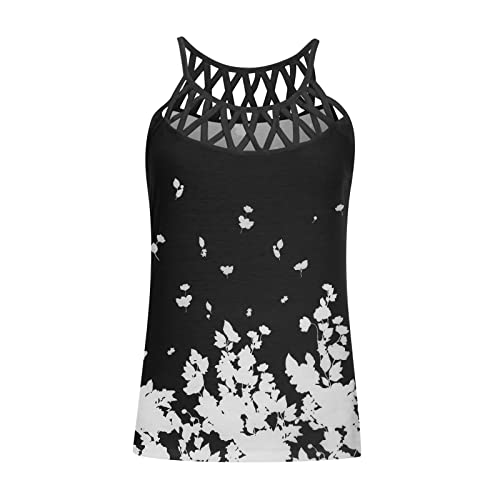 Women\'s Fashion Sleeveless Halter Blouses Sexy Mesh Hollow Floral Print Tank Tops Loose Fit Summer Casual Crewneck Yoga Shirt