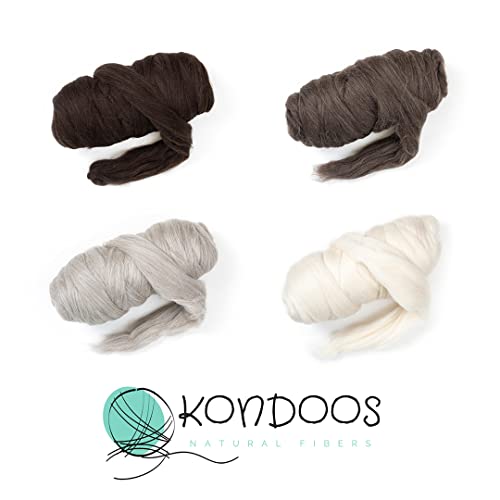 Kondoos Natural Wool roving, 8 OZ. Best for Needle Felting, handcrafts and Spinning. Natural Colours, un-Dyed. (White Ecru, 8 oz)