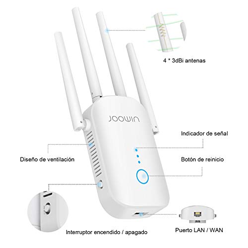 JOOWIN-Repetidor-WiFi-1200Mbps-Amplificador-Senal-WiFi-Banda-Dual-24GHz-y-5GHz-Extensor-de-Red-WiFi-Enrutador-Inalambrico-Punto-Acceso-3-Modos-4-Antenas-Puerto-LANWAN