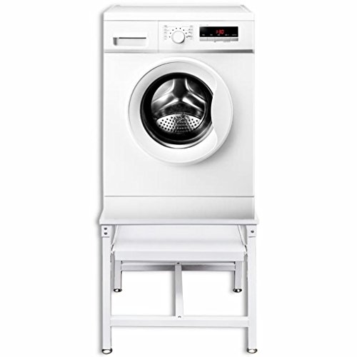 Heitamy Washing Machine Base, Raised Pedestal Stand White Washing Machine Pedestal with Extension Rack and Non-Slip Pads Steel Base for Home Laundry