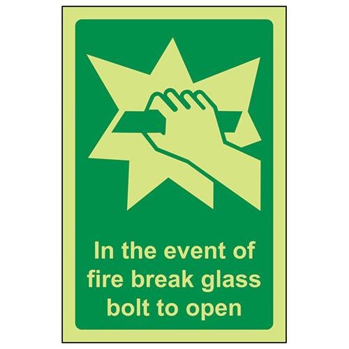 VSafety Glow In The Dark In Case Of Fire Break Glass Bolt To Open Sign - 100mm x 150mm - Self Adhesive Vinyl