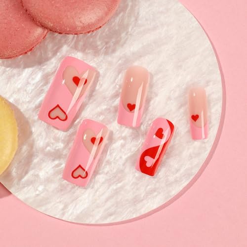 Coffin Press on Nails Medium Fake Nails Pink French Tip False Nails with Red Heart Design Glue on Nails Glossy Acrylic Nails for Women Manicure 24Pcs - Image 2
