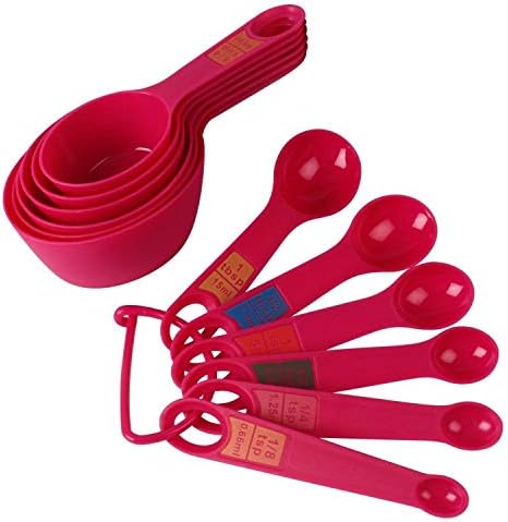 Avisa Global Plastic Measuring Cups and Spoon Set with Ring Holder, 12 Piece Set (Pink)