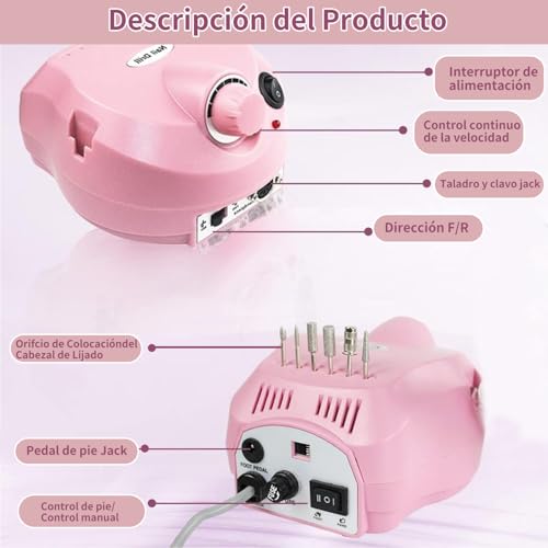 Drill Para uñas Profesional,40000RPM Taladro para Uñas Profesional,Herramienta de Manicura Pulidora con 6 tipos cabezales lijado y bandas lijado,Velocidad Ajustable,para manicura casa y salón.