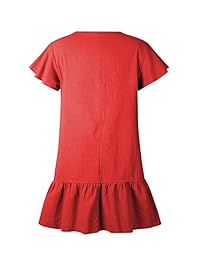 YSJERA - Vestido corto para mujer, cuello en V, plisado, dobladillo de goma, algodón, mangas cortas