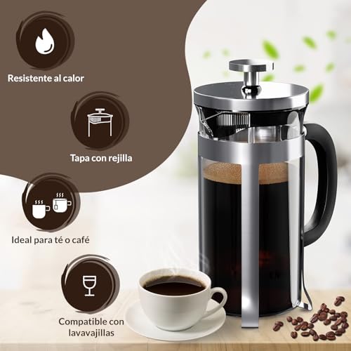Prensa Francesa De Vidrio,Cafetera Prensa Francesa 1 Litro De Vidrio Resistente a Altas Temperaturas y Acero Inoxidable, Para Preparar Café o Tisana, Ideal Para Café Molido e Infusiones (Transparente)