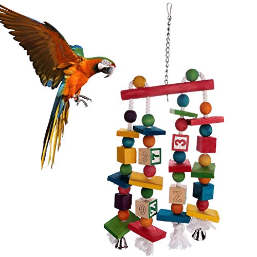 Coppthinktu Parrot Toys, Parrot Toys for Large Birds, Knots Block Parrot Chew Toys with Number Wooden Blocks and Bells for Small Medium Large Parrots and Birds Like Amazon, African Grey and Cockatoos