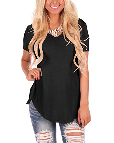 MooliDa Women Solid Comfy Short Sleeve V Neck Lightweight Top Tee (0-Black, Large)