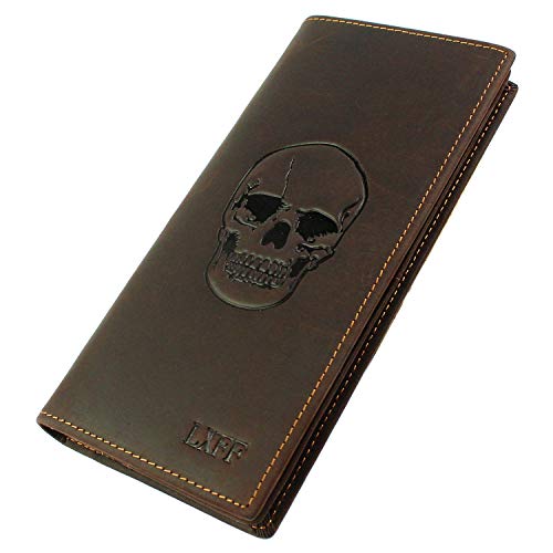 LXFF Mens Vintage Skull Genuine Leather Long wallet Bifold Wallets for Men