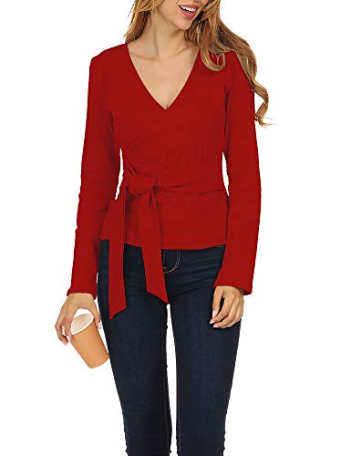 Women Tops Long Sleeve Casual Fall Sexy Wrap V Neck Blouse for Work Tie Front