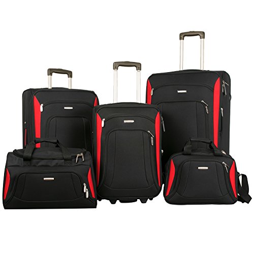 Merax Newest 5 Piece Softshell Deluxe Expandable Rolling Luggage Set (Black & Red)