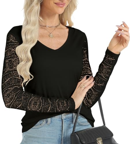CAKULO 2024 WOMENS TOPS DRESSY CASUAL BUSINESS V NECK LACE LONG SLEEVE TRENDY WORK LAYERING RIBBED BLOUSES SHIRTS BLACK S
