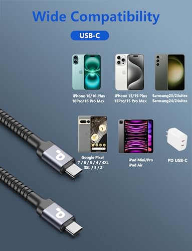 USB C to USB C Cable 10FT Type C Cable USBC Cable PD Fast Charging Cord Compatible for iPhone 17 16 15 Samsung S23 S22 Ultra Pixel iPad Air 4 iPad Pro 2021 MacBook Air (2Pack)