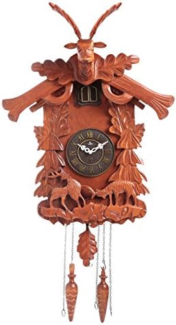 Horo (Imported) Brown Wooden Cuckoo Clock with Single Bird and Pendulum Dear Shape Auto Night Shut Off in Dark (Sensor)/Volume Control, Sound On-Off Switch 65x46x15cms (H/25.5" Inch)