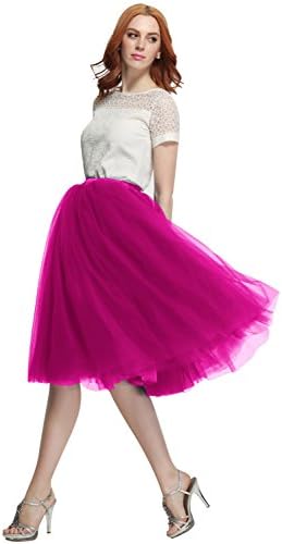 Nemobridal Women's 7 Layer Short Elastic Waistband Tutu Princess Tulle Midi Skirt (XX-Large, Fuchsia)