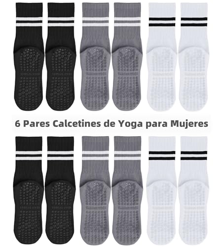 6 Pares Calcetines de Yoga para Mujeres, Calcetines Antideslizantes Algodon, Calcetas Largos de Pilates, Calcetas Deportivos Transpirables, Adecuado para Ejercicio, Fitness, Barre