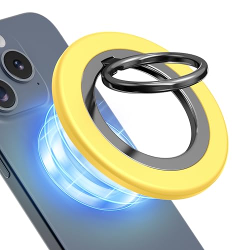 Phone Ring Holder, Dual Sided Magnetic Phone Grip Magnet Cell Phone Finger Holder for Hand Removable Slim Handle Grip Kickstand Compatible for MagSafe iPhone 17/16/15/14/13/12 Series, Lemon Yellow