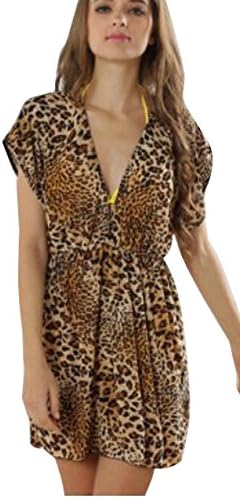 Outdoor Swimwear V-neck Bikini Blouse Short Sleeve Beach Sunscreen Cover Up (Leopard-print)