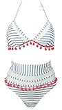 COCOSHIP Slategray & White Striped Mesh High Waist Bikini Set Red Tassel Trim Top Halter Straps Swimsuit Bathing Suit 12(FBA)