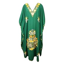 Mogul Interior Womens Caftan Maxi Dress Green Embroidered Cruise Kaftan One Size