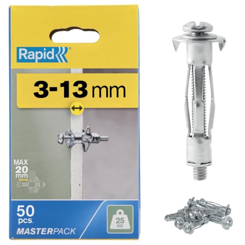 Rapid Hollow Wall Anchors, 3-13 mm, Pack of 50 Metal Plasterboard Fixings