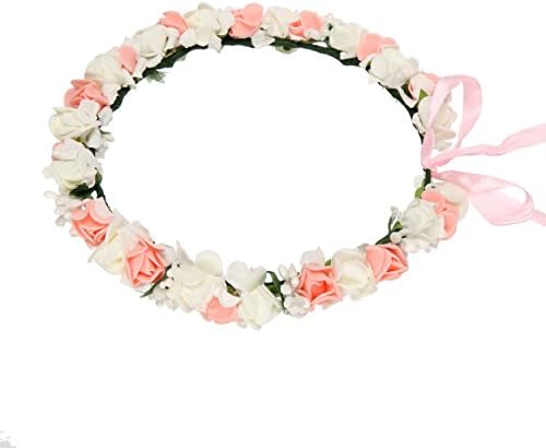 Flower Crown for Women, Floral Wreath Headband with Adjustable Ribbon for Wedding, Party, Festival, Birthday (Pinkwhite)